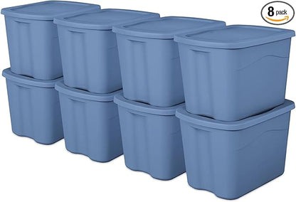 Large 18 Gallon Light Blue Plastic Storage Tote with Snap-on Lid (8 Pack), Stackable Storage Bin for Garage Basement Closet Home Organization