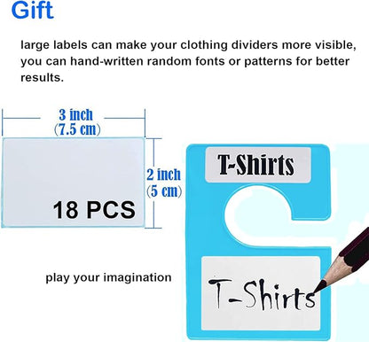 16 Pack White Clothing Rack Size Dividers Plus 45 Labels (1 Inch) and 18 Large Blank Labels, Large Rectangular Clothing Closet Dividers (Blue)