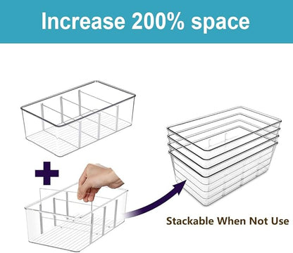 Set of 8 Pantry Organizers,2 Kinds Size Clear Plastic Organizer Bins for Kitchen,Fridge,Drawer Organization and Storage,3 compartment Snack Containers for Spice Packets,Tea bag