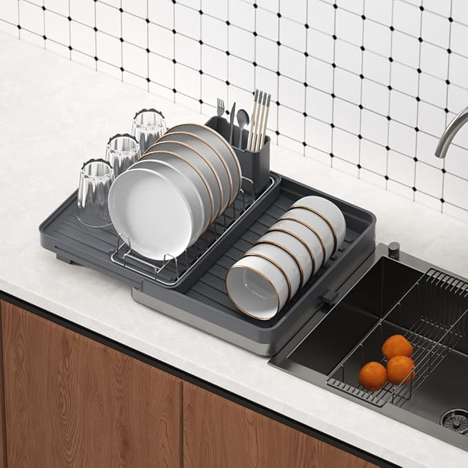 YOJIA Stainless Steel Dish Drying Rack, Extendable Dish Drainer Rack, Drainboard, Detachable Cup Shelf, Rustproof Multifunctional Organizer for Kitchen Counter, Cup Holders, Utensil Holder (14-Grey)