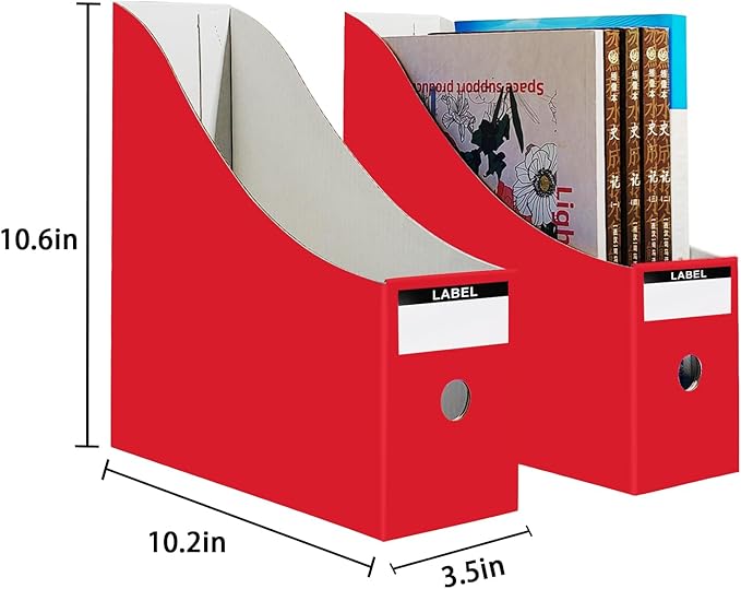 Limitliho Magazine File Folder Holder for Desk, Book Bins for Classroom Library,Office,Home, 10.6" H x 10.2" L x 3.5" W in Cardboard Paper Organizer(Red, 6 Pack)