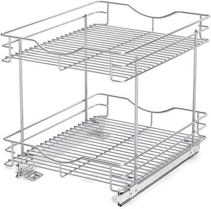 FULGENTE Chrome Finish Pull Out Drawer Cabinet Organizer 2 Tier (14" W X 18" D) Sliding Drawers For Kitchen Cabinets Cookware Organizer Drawer For Cabinet Slide Out Shelves