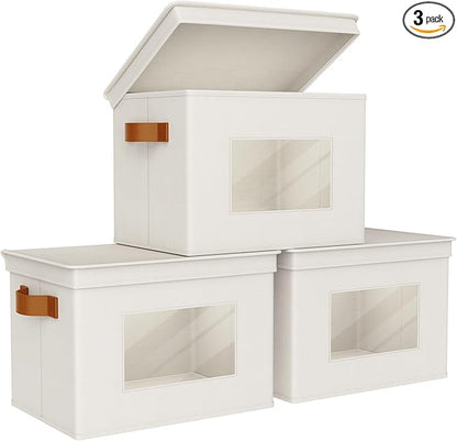 Univivi Storage Boxes with Lids Fabric Foldable Storage Bin for Clothes, [3-Pack] Closet Organizer Containers boxes with Handles for Home, Bedroom, Closet Storage (Beige,17” x 12” x 12")