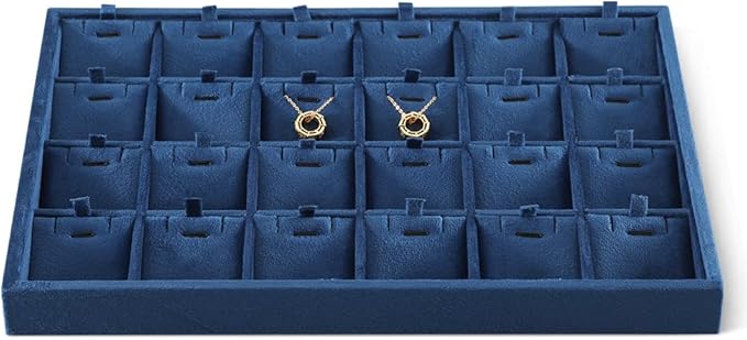 Dansmiy Velvet Necklace Display Tray, Stackable 24 Grid Insert Pendant Necklaces Storage Holder Plate, Jewelry Retail Countertop Organizer (Blue)