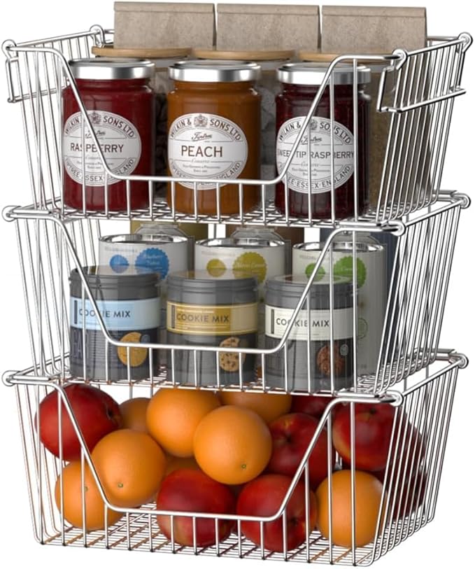 SANNO 14" Stackable Baskets Pantry Bins Storage Baskets Metal Wire Basket, Storage Organizer Basket Open Front for Kitchen Cabinets, Pantry, Closets, Bedrooms, Bathrooms 3 Pack