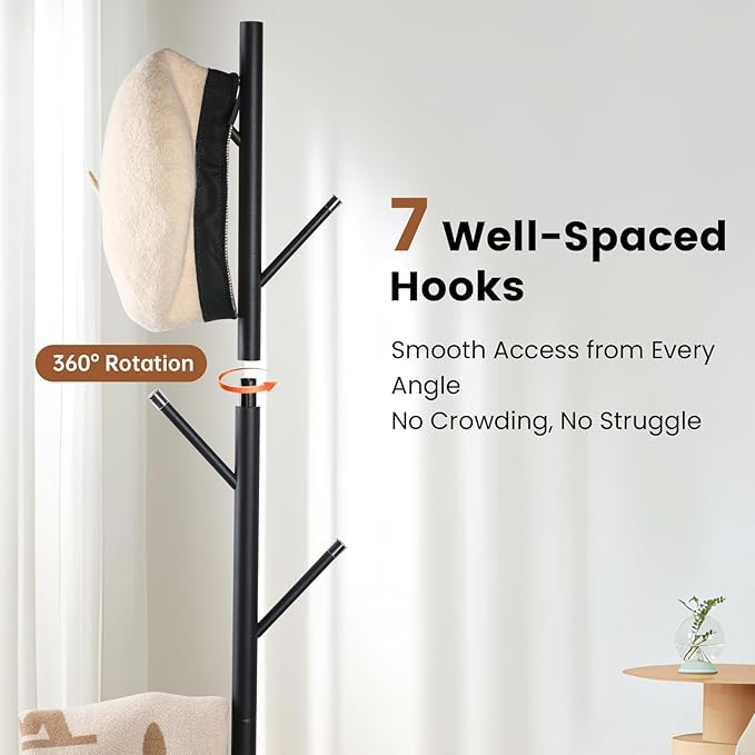 Freestanding Coat Rack with Marble Base, 4 Height Adjustable Standing Metal Coat Tree with 7 Hooks, Space-Saving Hat Clothes Coat Stand for Entryway, Bedroom, Office (Black)