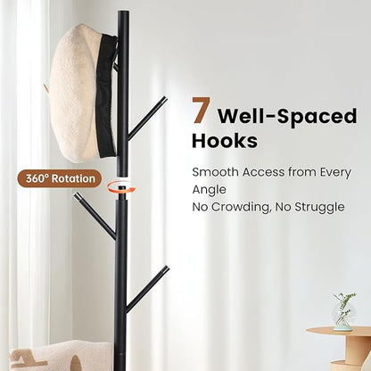 Freestanding Coat Rack with Marble Base, 4 Height Adjustable Standing Metal Coat Tree with 7 Hooks, Space-Saving Hat Clothes Coat Stand for Entryway, Bedroom, Office (Black)