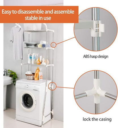 BAOYOUNI 3-Tier Laundry Room Shelf Over Washing Machine Storage Utility Rack Above Toilet Washer Dryer Clothes Hanger Width Adjustable Bathroom Organization Space Saving Shelving Units, Ivory