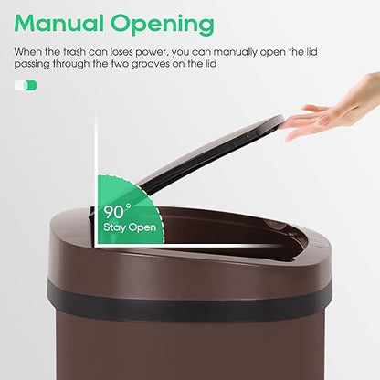BestOffice | 13 Gallon Stainless Steel Trash Can with Lid | Brown | Automatic Touchless Garbage Can | Odor Control | Modern Oval Design | Easy to Clean | Fits Any Kitchen, Bathroom, Office or Home