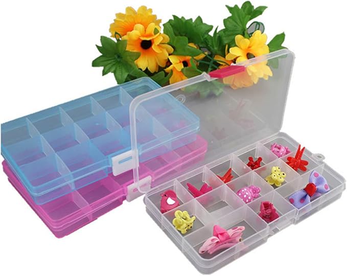 Lawei 15 Pack Plastic Jewelry Box - 15 Grid Organizer Storage Box with Adjustable Dividers Plastic Compartment Container for Bead Jewelry Craft Tackles