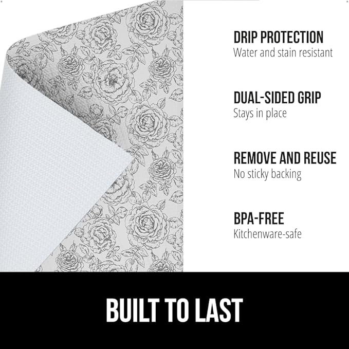 GORILLA GRIP DripGuard Shelf Liner, Non Adhesive Drawer and Kitchen Cabinet Protector, Slip Resistant BPA Free Smooth Surface Plastic Liners for Cabinets, Bathrooms, Closets, 17.5x120 Inch Floral Gray