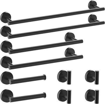 Newfun 10Pcs Matte Black Bathroom Hardware Set - Includes 24&18inch Towel Bar, Robe Hook, Toilet Paper Holder, 2 Pack 5 Piece Bathroom Accessories Set Stainless Steel Wall Mounted