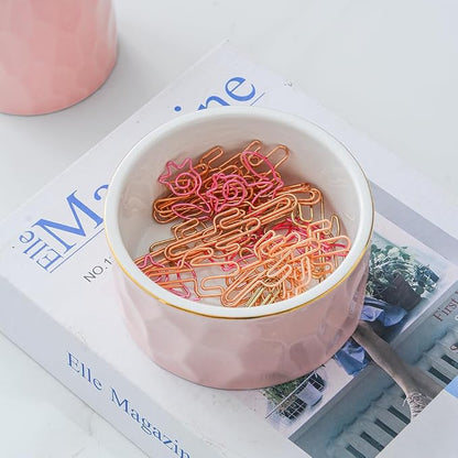 Aesthetic Desk Organizer Set of 2 For Office, Ceramic Pen Holder and Paper Clip Holder Dispenser, Cute Pencil Cup Pot for Desk, Desktop Accessories, Office Decor Makeup Brush Holder (Pink Set)