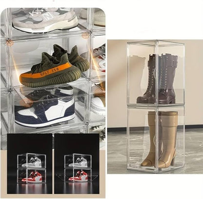 Acrylic Clear Stackable Shoe Storage Boxes – Stackable Shoe Cabinet For Closet, Space Saving Shoe Organizer With Magnetic Doors 2 Lids Open For Sneakers, Trainers, Pumps, Heels, Flats (8)