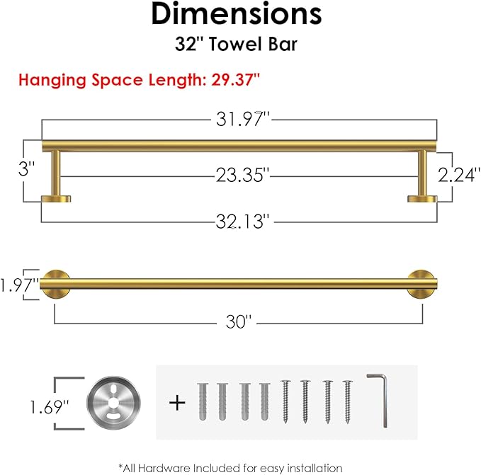FORIOUS Towel Bar Wall Mounted, Stainless Steel Towel Racks for Bathroom, Includes Wall Mounting Hardware (Brushed Gold, 32 Inch)
