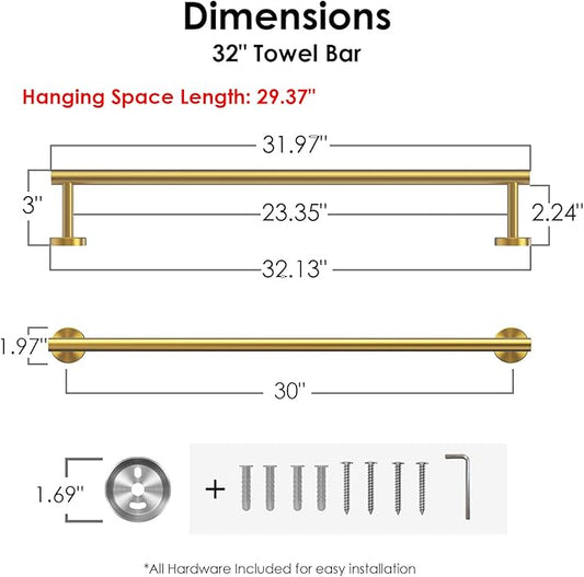 FORIOUS Towel Bar Wall Mounted, Stainless Steel Towel Racks for Bathroom, Includes Wall Mounting Hardware (Brushed Gold, 32 Inch)