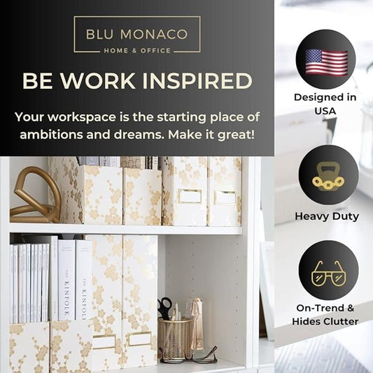 BLU MONACO | Set of 4 Foldable Magazine Storage Boxes with Gold Floral Pattern | Decorative Vertical File Organizers with Gold Label Holders for Desk, Shelves & Home Office