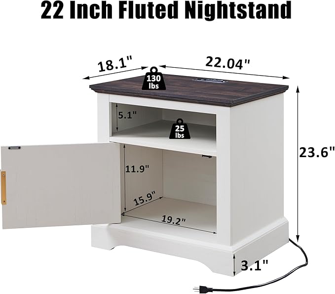 wow97e 22" Large Fluted Nightstand with Charging Station, Modern End Table, Wood Side Table w/Open Shelf & Spacious Tabletop, Bedside Table with Storage Space for Bedroom, Living Room-White