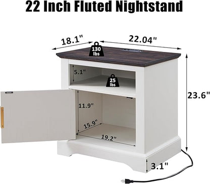 wow97e 22" Large Fluted Nightstand with Charging Station, Modern End Table, Wood Side Table w/Open Shelf & Spacious Tabletop, Bedside Table with Storage Space for Bedroom, Living Room-White