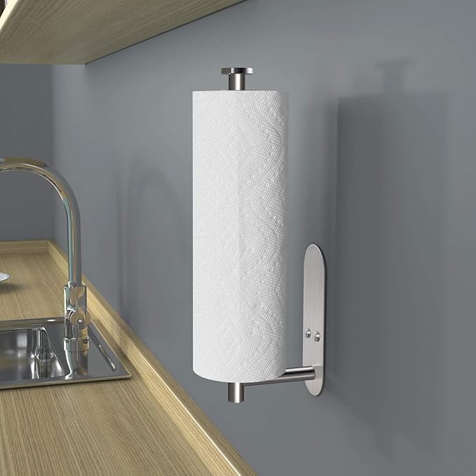VAEHOLD Adhesive Paper Towel Holder Under Cabinet Mount, Wall Mounted Paper Towel Roll Holder for Kitchen Paper Towel, Stainless Steel（Silvery）