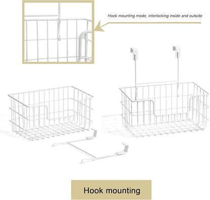 Wire Storage Basket 2 Packs, Wall Mounted Kitchen Bathroom, Hanging Cabinet Door Storage Basket, no Drilling, Supporting 2 Types of Hooks, Strong Bearing, Suitable for Home, White