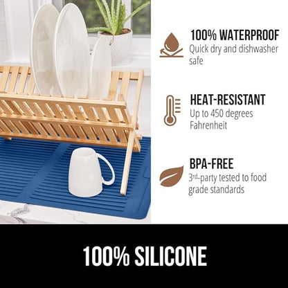 GORILLA GRIP 100% BPA-Free Patented Silicone Dish Drying Mat for Kitchen Counter, Water Catching Ribbed Design, Easy Clean Waterproof Sink Liner, Heat Resistant, Fits Under Rack, 12x16 Inch, Blue