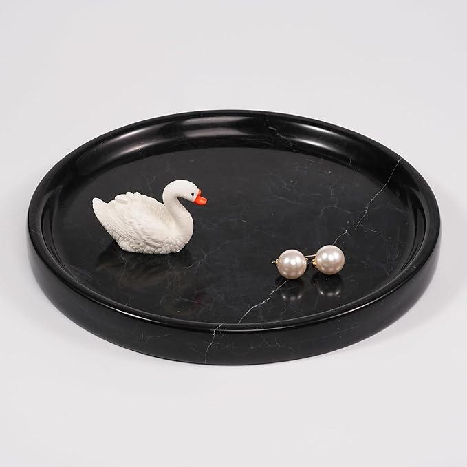 LWALMS Marble Perfume Jewelry Tray - Stone Trinket Ring Key Purse Holder Dish, Round Plate Decorative Bowl for Nightstand Entryway Coffee Table Decor (7.9 inch)