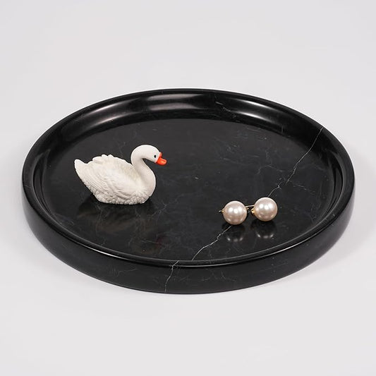 LWALMS Marble Perfume Jewelry Tray - Stone Trinket Ring Key Purse Holder Dish, Round Plate Decorative Bowl for Nightstand Entryway Coffee Table Decor (7.9 inch)