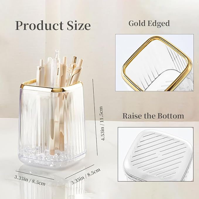 Acrylic Pen Holder, Cute Clear Desk Organizer for Pencils, Makeup Brushes Toothbrushes Storage Cup with Striped Design for Vanity Bathroom