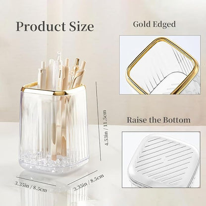 Acrylic Pen Holder, Cute Clear Desk Organizer for Pencils, Makeup Brushes Toothbrushes Storage Cup with Striped Design for Vanity Bathroom
