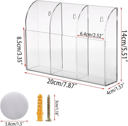 Hipiwe Wall Mount Remote Control Holder Clear Acrylic Media Organizer Storage Box Coffee Table and Nightstand Convenient Remote Control Caddy (Three Compartments)