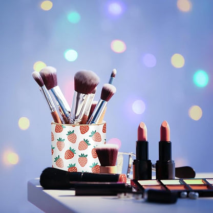 WAVEYU Pencil Holder for Desk, Ceramic Pencil Pens Cup Cute Makeup Brush Holder, Unique Desk Multifunctional Pen Organizer for Home, Office, Strawberries Pattern