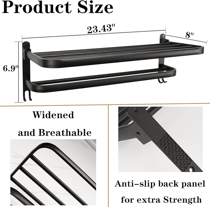 Towel Rack for Bathroom, Bath Towel Holder with Double Towel Bar and Foldable Towel Shelf, Rustproof Towel Organizer Wall Mounted Towel Storage Hanger for Bath/Balcony/Lavatory(24In Black)
