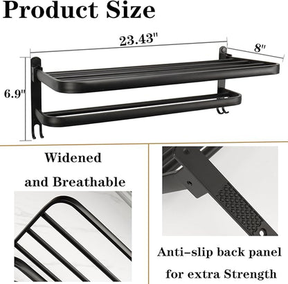 Towel Rack for Bathroom, Bath Towel Holder with Double Towel Bar and Foldable Towel Shelf, Rustproof Towel Organizer Wall Mounted Towel Storage Hanger for Bath/Balcony/Lavatory(24In Black)