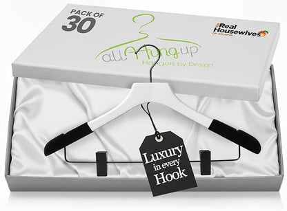 All Hung Up Hangers - Wooden Hangers with Clips for Women, Solid Wood Skirt & Suit Hangers, Heavy-Duty Adjustable Non-Slip Design with Velvet Grip, White with Black Velvet, 30 pcs