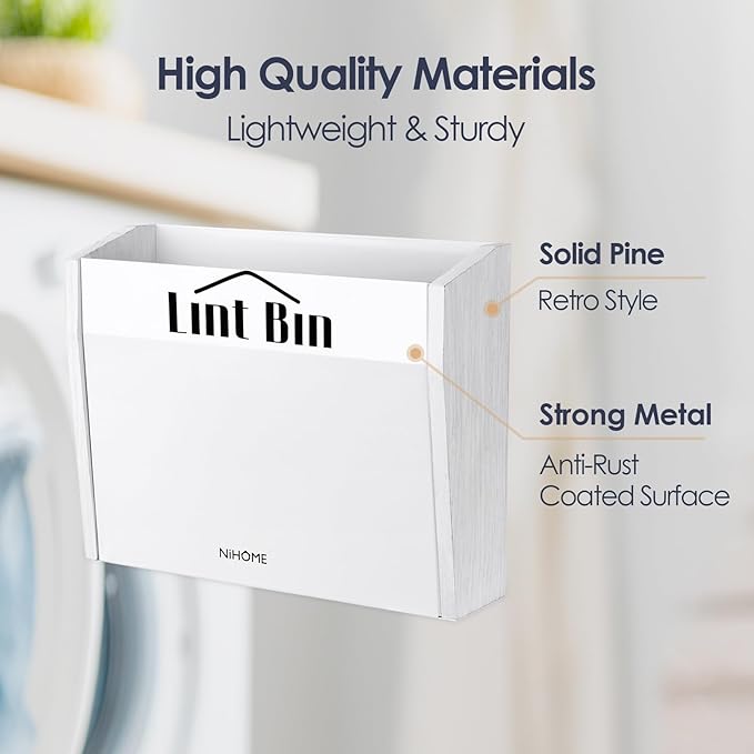 NiHome Magnetic Lint Bin for Laundry Room Storage Organization & Decor with Lint Brush, Wall Mounted Dryer Lint Box Holder Made of Metal & Pine, Lint Trash Can Lint Basket for Dryer, White