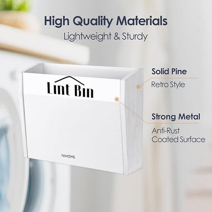 NiHome Magnetic Lint Bin for Laundry Room Storage Organization & Decor with Lint Brush, Wall Mounted Dryer Lint Box Holder Made of Metal & Pine, Lint Trash Can Lint Basket for Dryer, White