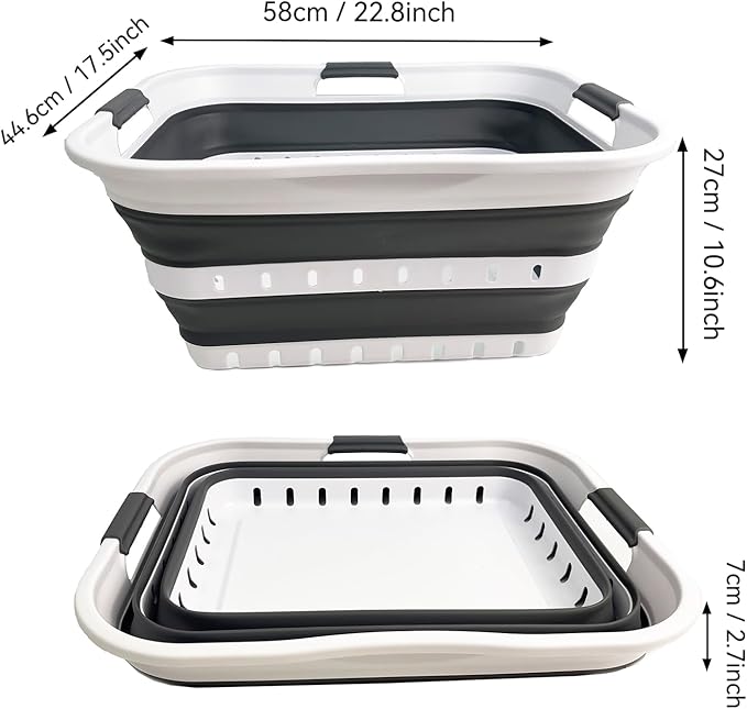 SAMMART 42L (11 gallons) Set of 2 Plastic Foldable Storage Basket/Container - Collapsible, Space Saving and Portable Laundry Hamper, Ideal for Home, Travel, Dorm, and Camping (2, White/Steel Grey)