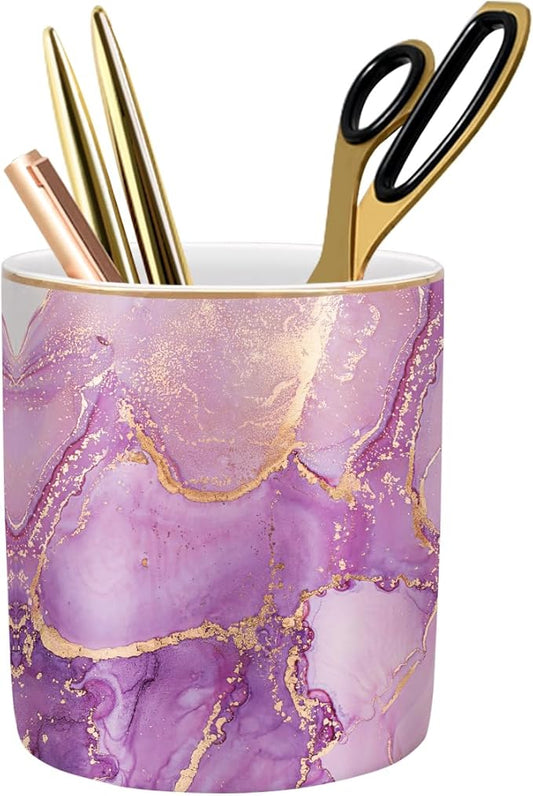 WAVEYU Pen Holder for Desk, Cute Ceramic Pencil Holder, Pen Cup Marker Holder Makeup Brush Holders, Desk Accessories & Workspace Organizers for Home, Office, Purple Marble