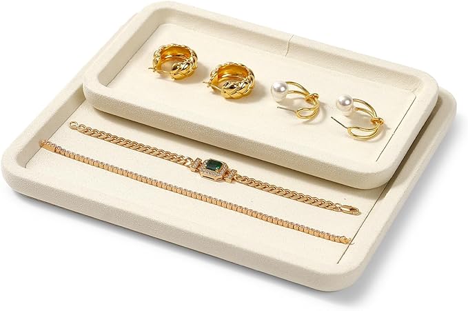 Woodten Microfiber Jewelry Display Flat Tray for Rings Earrings Necklace Bracelet, Jewelry Photograph Display Catchall Organizer Tray Dish(S,Beige)