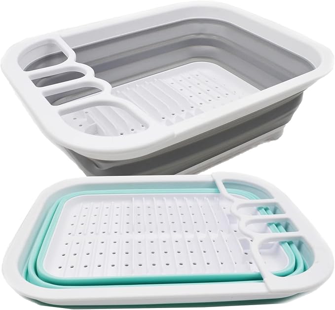 SAMMART Collapsible Dish Drainer - Foldable Drying Rack Set - Portable Dinnerware Organizer - Space Saving Kitchen Utensil Storage Tray (2, Grey + Lake Green (Set of 2))