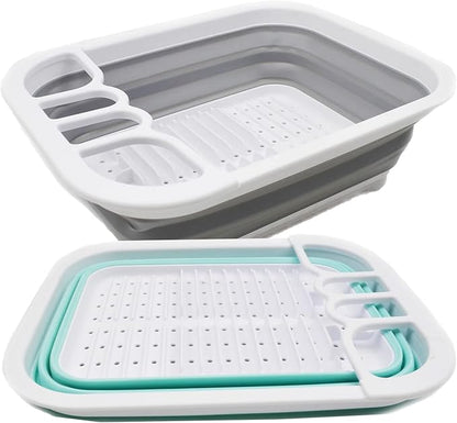 SAMMART Collapsible Dish Drainer - Foldable Drying Rack Set - Portable Dinnerware Organizer - Space Saving Kitchen Utensil Storage Tray (2, Grey + Lake Green (Set of 2))