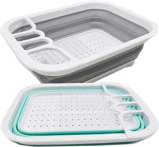 SAMMART Collapsible Dish Drainer - Foldable Drying Rack Set - Portable Dinnerware Organizer - Space Saving Kitchen Utensil Storage Tray (2, Grey + Lake Green (Set of 2))