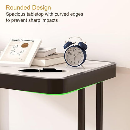 Narrow Side Table, End Table with Drawer& Storage Shelves, Modern Sofa Couch Table Curved Bedside Table for Living Room Bedroom, Narrow Nightstand with Thickening Iron Shelves for Small Space, White