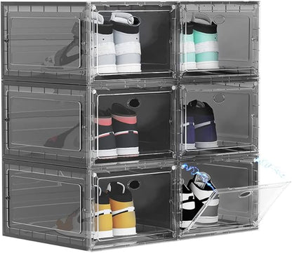 OMOPIN Large Clear Plastic Shoe Boxes Stackable, 6 Pack Drop Front Shoe Storage Box 0rganizer, Sneaker Storage Shoe Containers Display Case for Size 12 (Black 6pack)