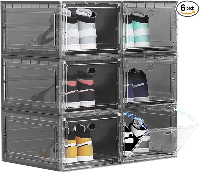 OMOPIN Large Clear Plastic Shoe Boxes Stackable, 6 Pack Drop Front Shoe Storage Box 0rganizer, Sneaker Storage Shoe Containers Display Case for Size 12 (Black 6pack)