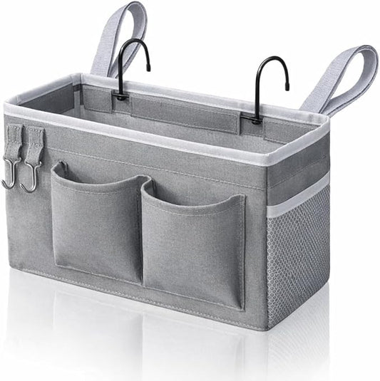 Kanrichu 1pcs Bedside Caddy Hanging Storage Bag, Organizer Baskets with Pockets for Bunk Bed Accessories, Loft & Dorm Rooms Chair Bed Rails (Grey-1pcs)