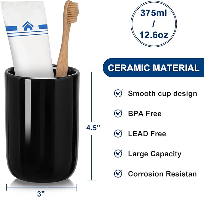 UHEY HOME Bathroom Tumbler Cup Ceramic 12.6oz Reusable Toothbrush Cup 375ml,Toothbrush Holder for Your Bathroom (Black)