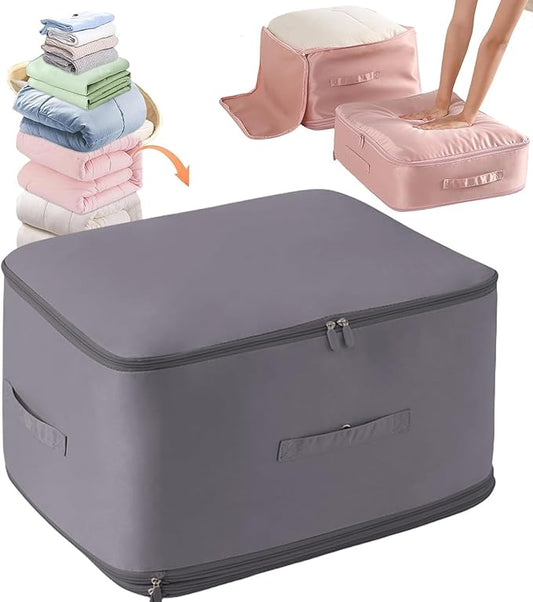 HEVOY Ultra Space Saving Self Compression Organizer, Self Compression Storage Bags, Foldable Closet Organizers Storage Tote, Moving Bag Containers with Handle for Comforters, Blankets (Gray, Large)