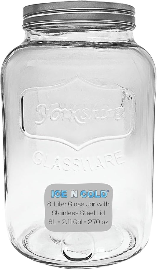 2 Gallon Glass Jar / 8-Liter Capacity / 270 Ounce Capacity – Clear Wide Mouth Container for Storage, Kitchen, Pantry, and Laundry.